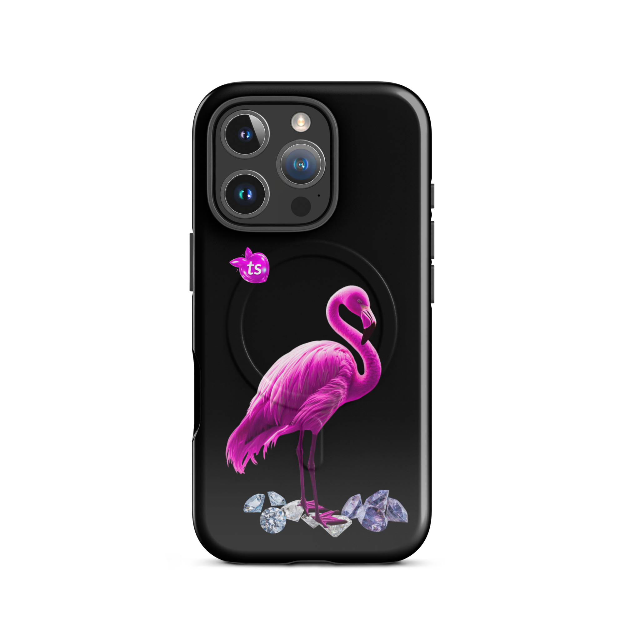 Flamant Rose MagSafe tough case iPhone 16 Pro, front view on white background