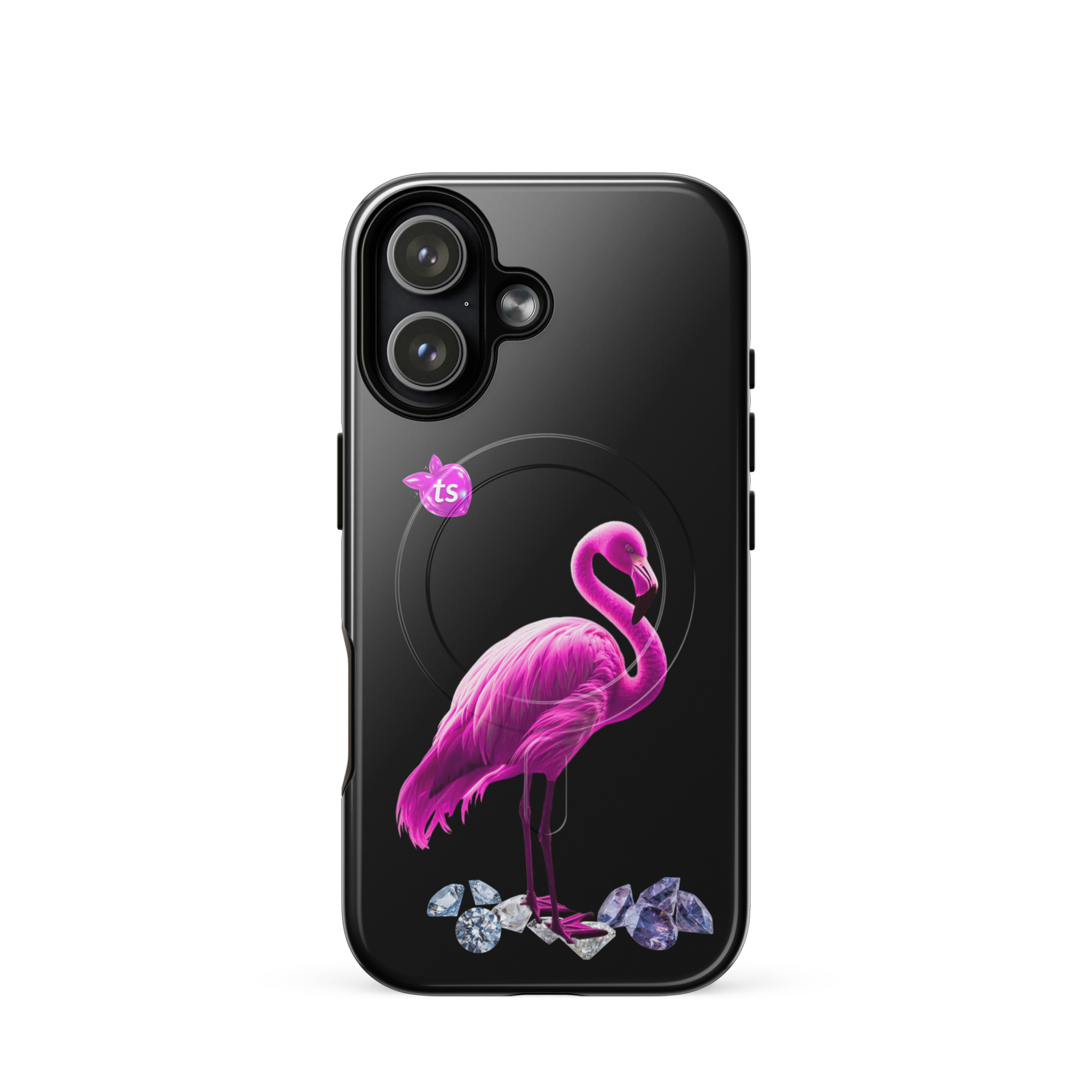 Flamant Rose MagSafe tough case iPhone 17, front view on white background