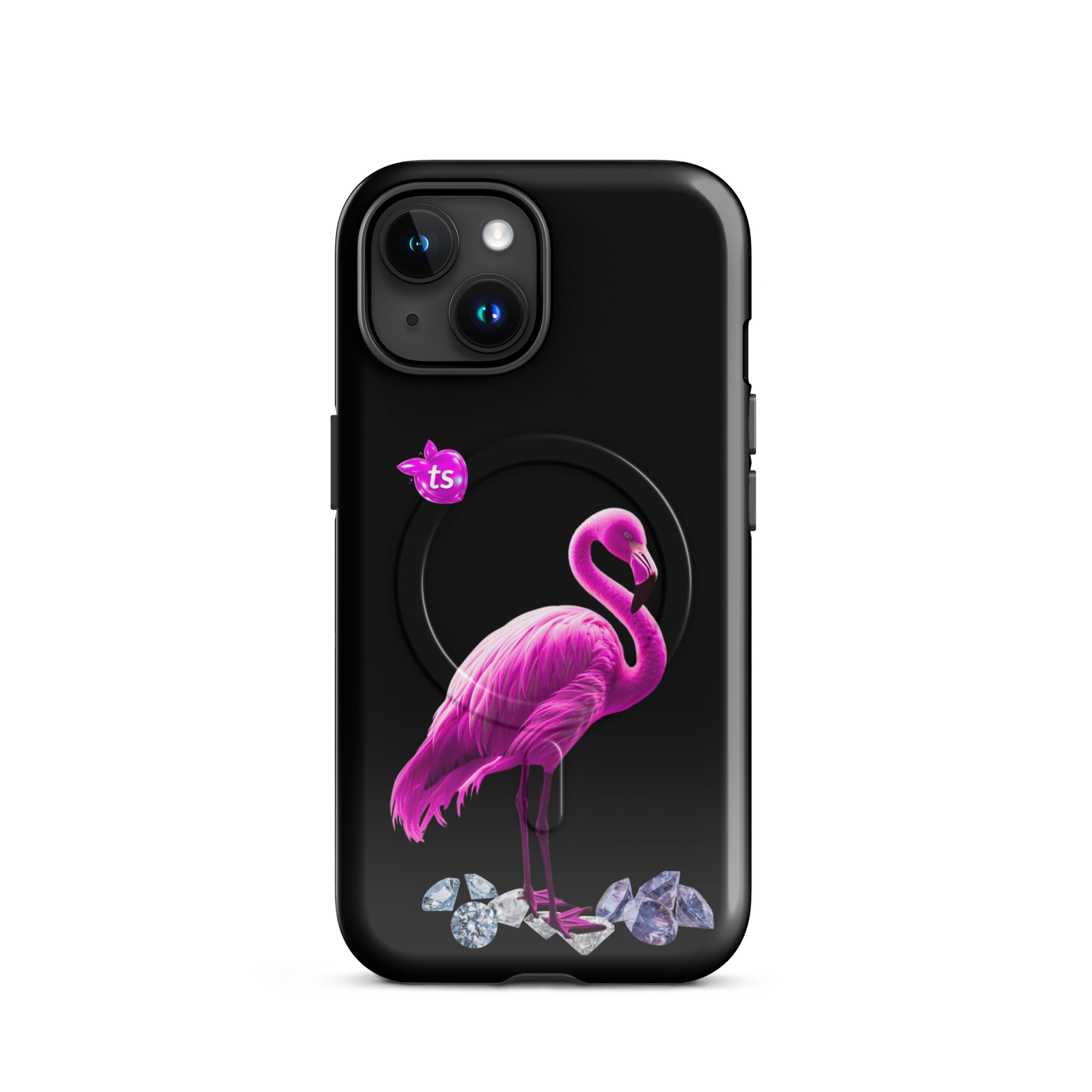 Flamant Rose MagSafe tough case iPhone 15, front view on white background