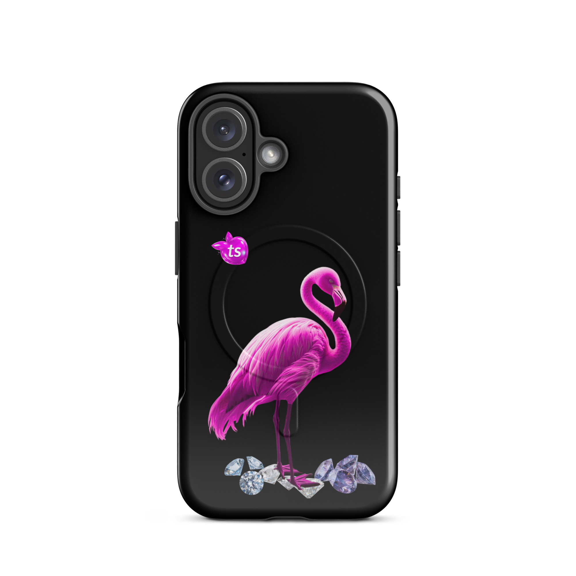 Flamant Rose MagSafe tough case iPhone 16, front view on white background
